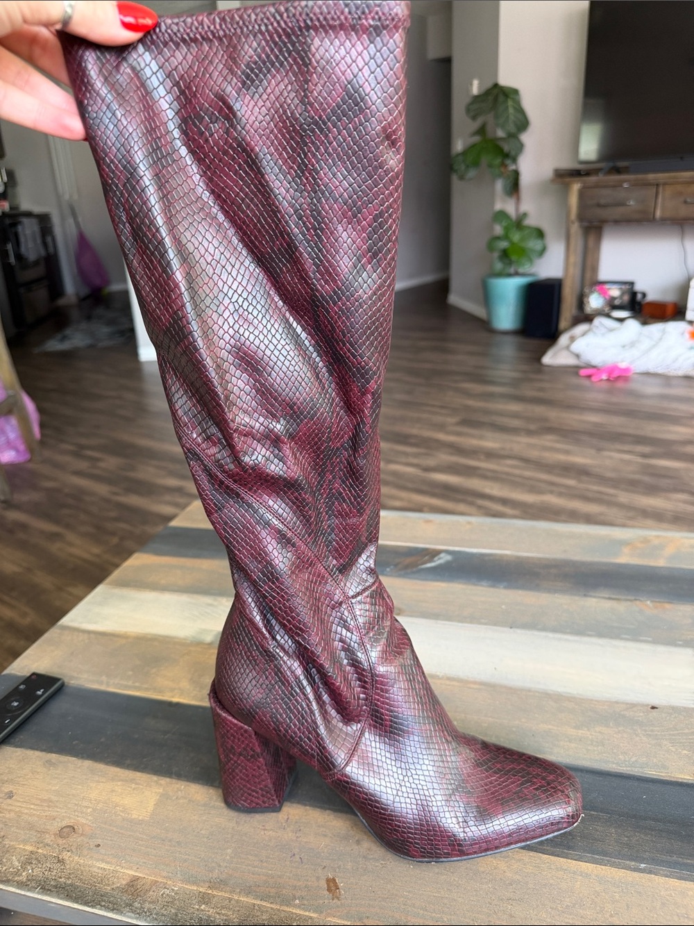 Franco Sarto Burgundy Snakeskin-Texture Over-the-Knee Block Heel Boots